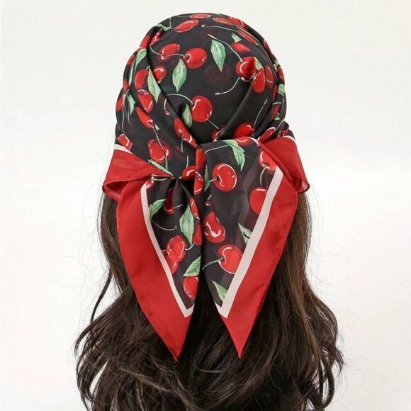 Cherry Print Black and Red Scarf P8 - Picture 1 of 6